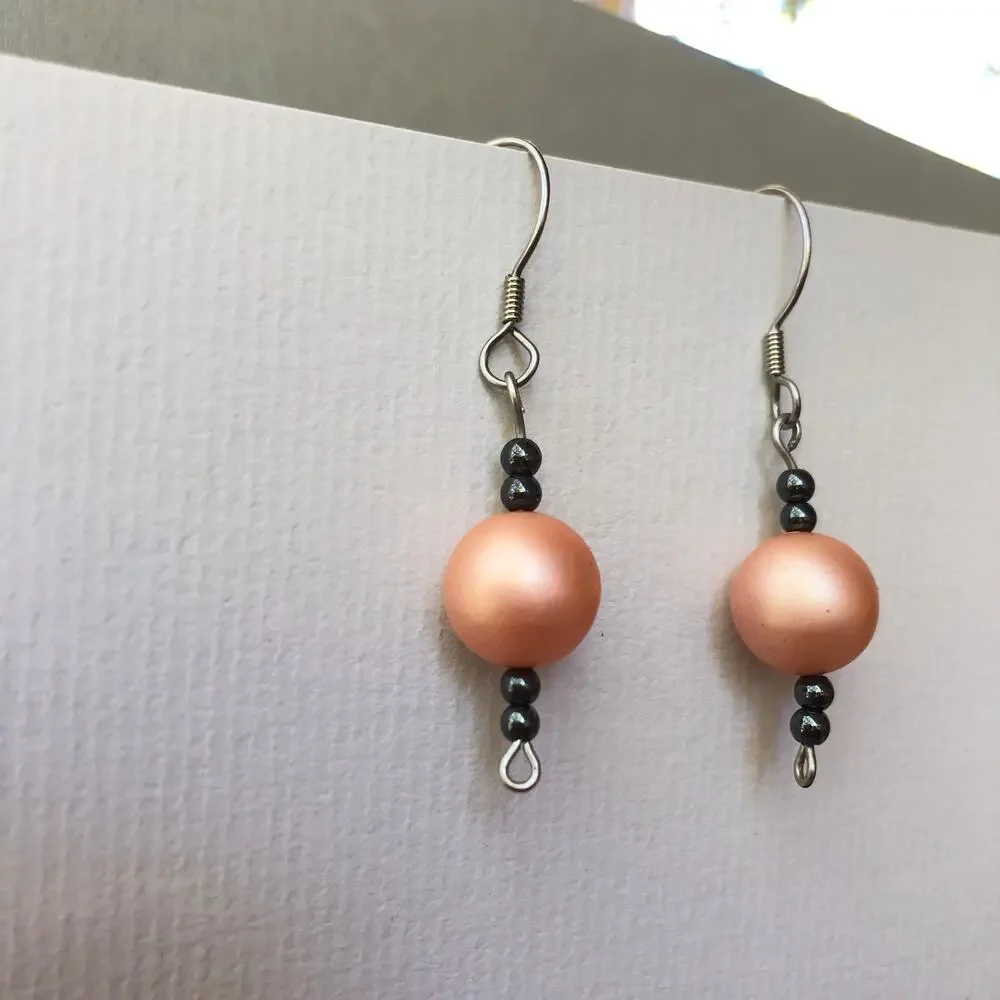 Peach and Gray Dangle Statement Earrings Hook Upcycled Faux Pearls Handmade Gift